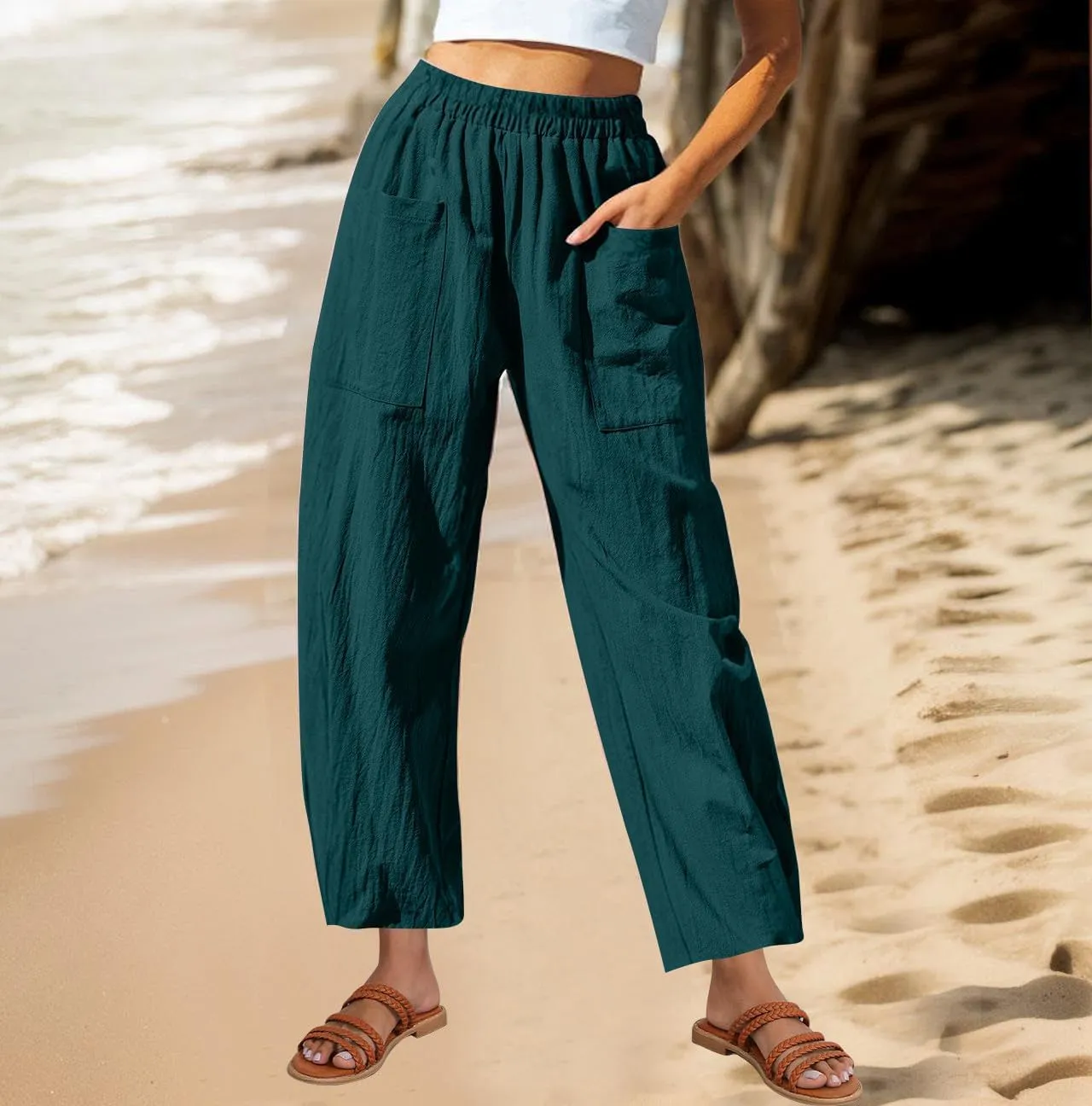 DASAYO Women's Linen Pants Summer Fashion Elastic Wasit Casual Pants with Pockets Ladies Ligghtweight Wide Leg Trousers 2025
