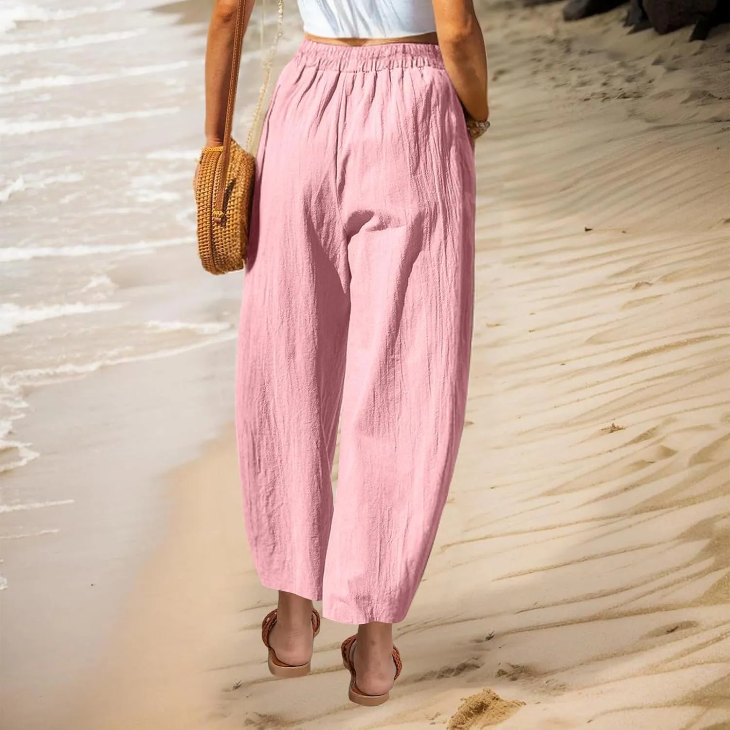 DASAYO Women's Linen Pants Summer Fashion Elastic Wasit Casual Pants with Pockets Ladies Ligghtweight Wide Leg Trousers 2025