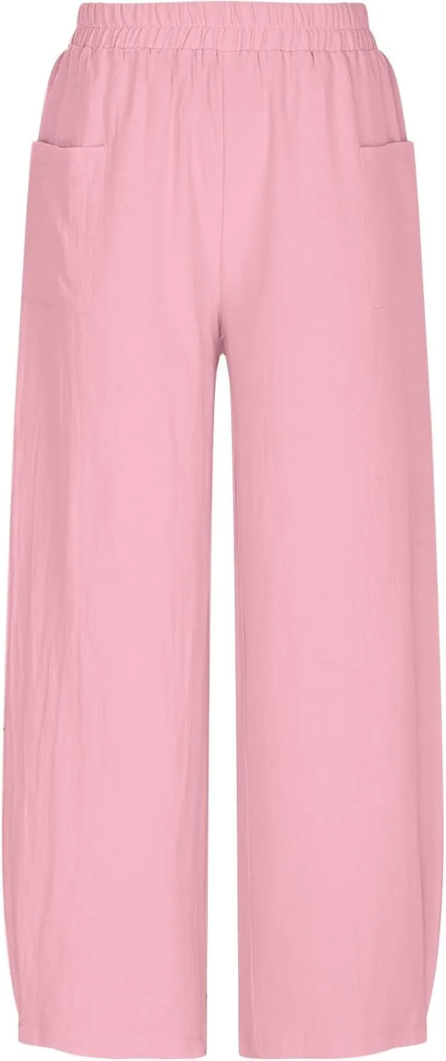 DASAYO Women's Linen Pants Summer Fashion Elastic Wasit Casual Pants with Pockets Ladies Ligghtweight Wide Leg Trousers 2025