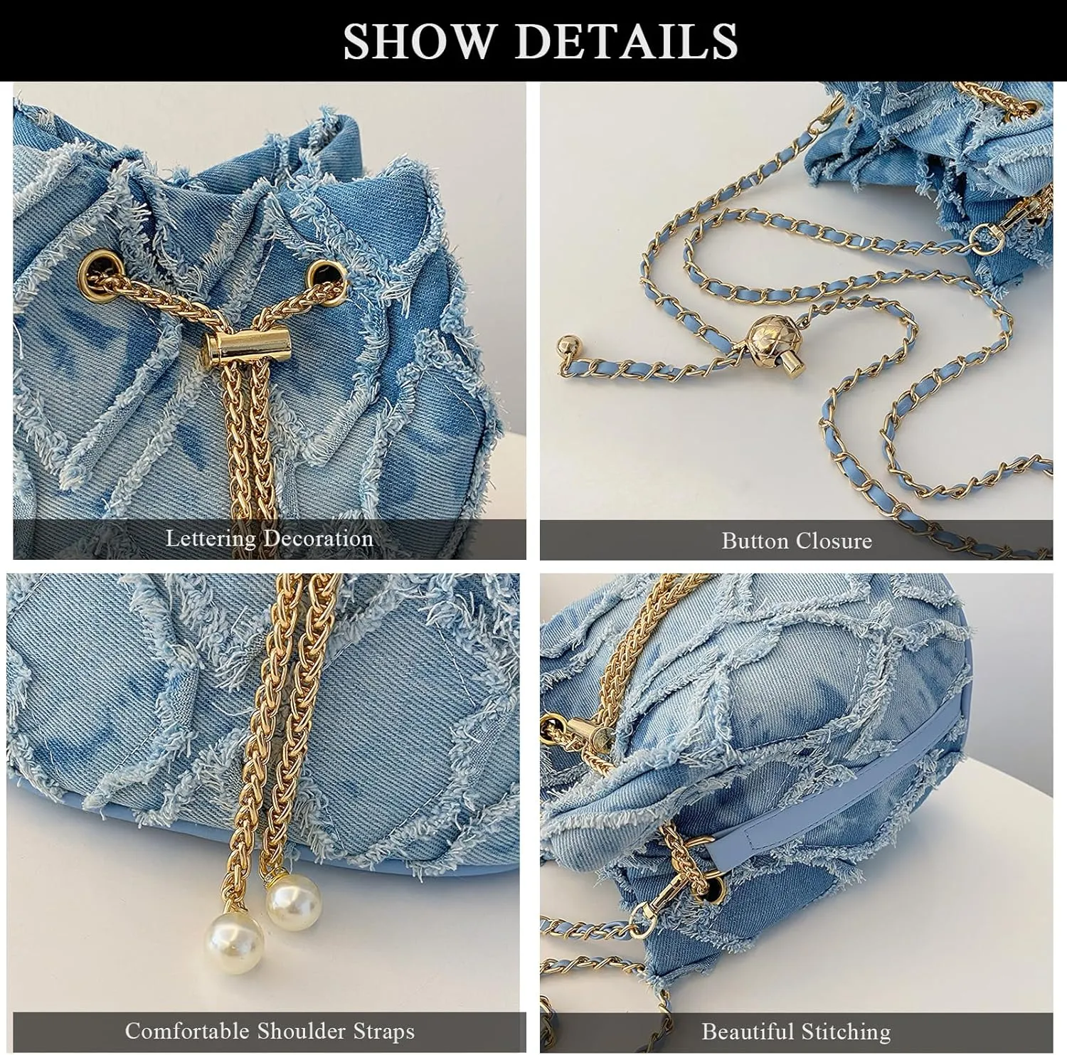 Denim Bucket Bag Purses for Women Denim Crossbody Bags Hobo Bag Drawstring Handbag