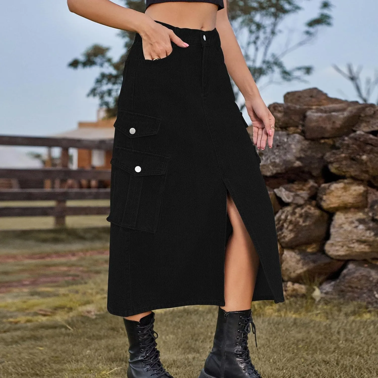 Denim Skirt for Women Flap Pockets A-Line Jean Skirts Front Slit Slim Pencil Denim Skirts Casual Bodycon Skirt Y2k