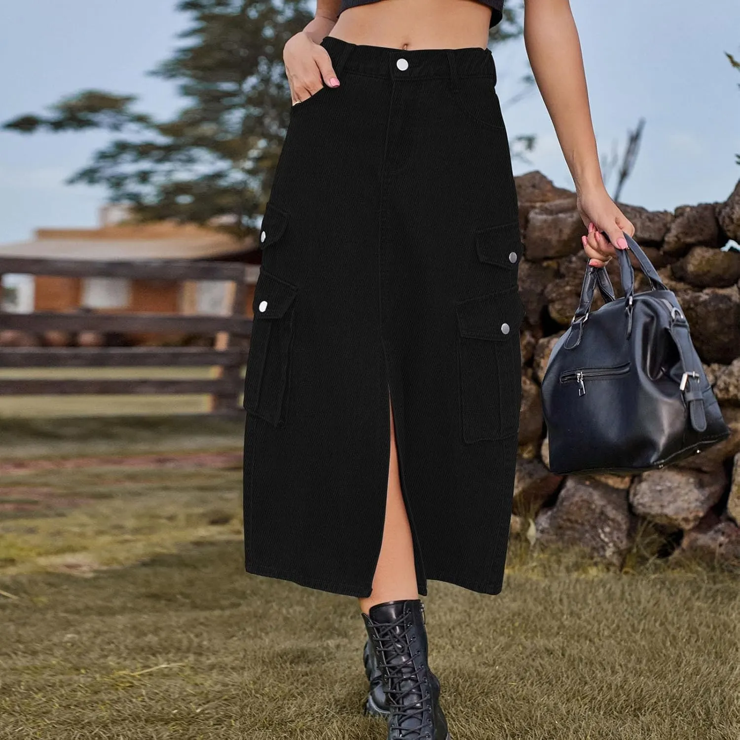 Denim Skirt for Women Flap Pockets A-Line Jean Skirts Front Slit Slim Pencil Denim Skirts Casual Bodycon Skirt Y2k