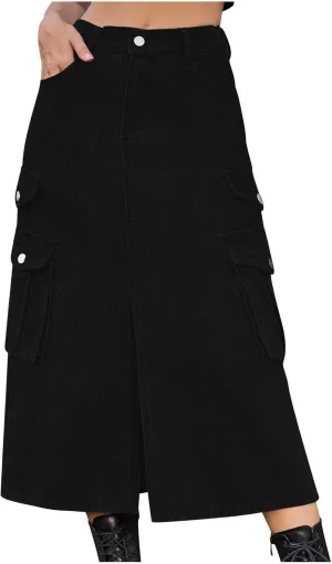 Denim Skirt for Women Flap Pockets A-Line Jean Skirts Front Slit Slim Pencil Denim Skirts Casual Bodycon Skirt Y2k