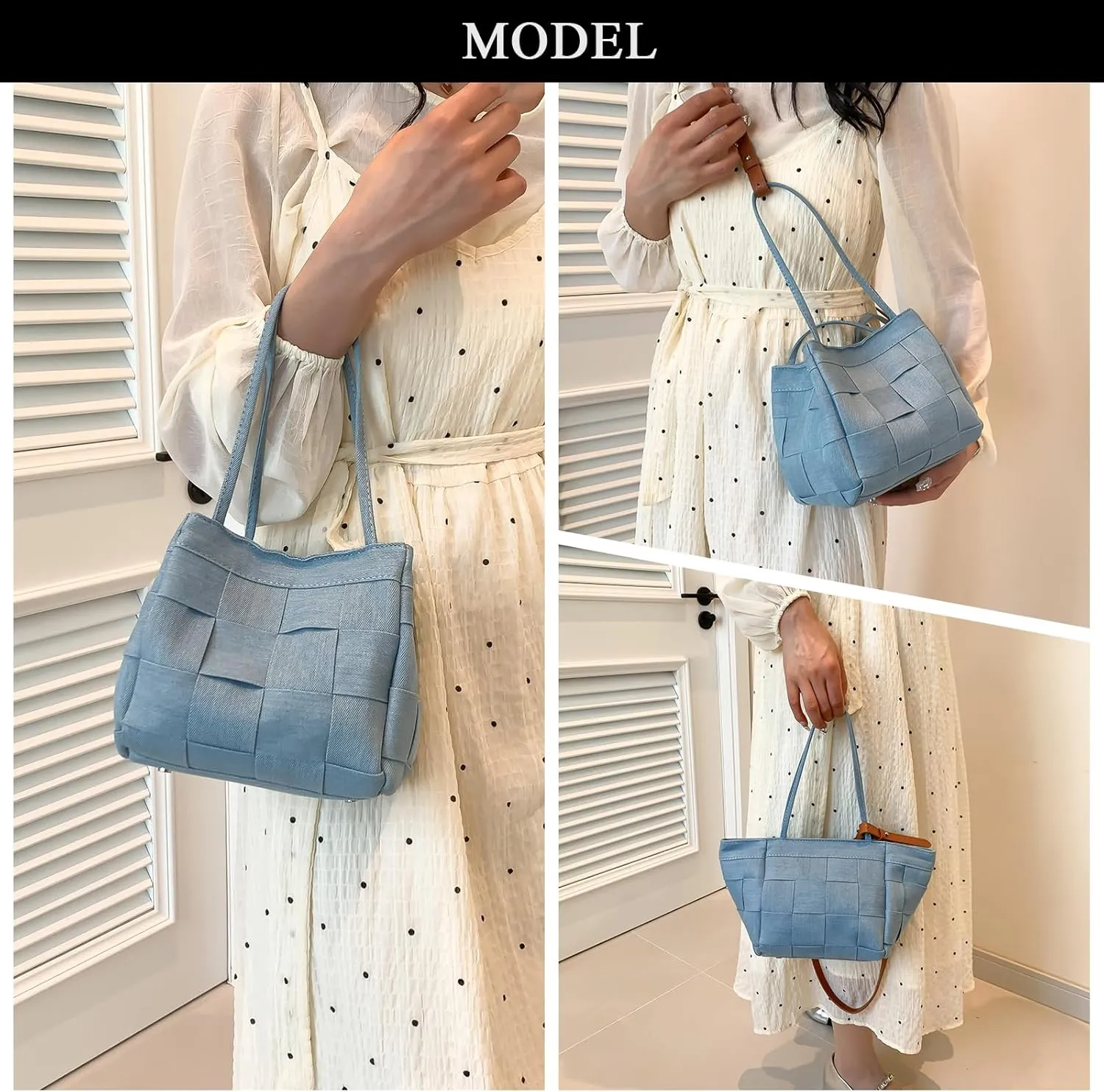Denim Tote Bag Purses for Women Woven Denim Bucket Bag Trendy Shoulder Handbag