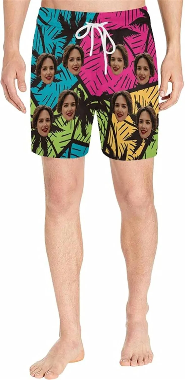 DIYKST Custom Face Men Mid-Length Swim Trunk Quick Dry Board Short with Mesh Lining Inseam Bathing Suit Print Stitching-Palm