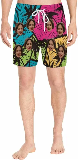 DIYKST Custom Face Men Mid-Length Swim Trunk Quick Dry Board Short with Mesh Lining Inseam Bathing Suit Print Stitching-Palm