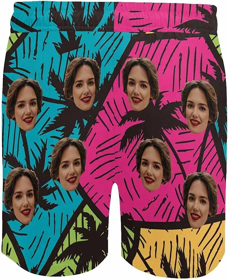 DIYKST Custom Face Men Mid-Length Swim Trunk Quick Dry Board Short with Mesh Lining Inseam Bathing Suit Print Stitching-Palm