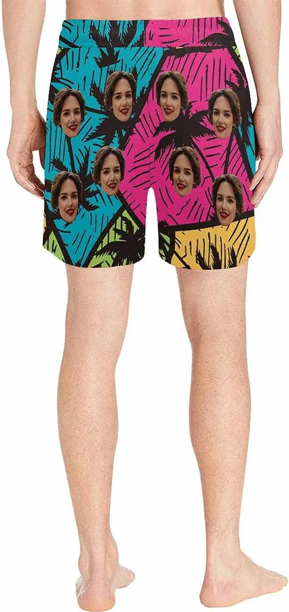 DIYKST Custom Face Men Mid-Length Swim Trunk Quick Dry Board Short with Mesh Lining Inseam Bathing Suit Print Stitching-Palm
