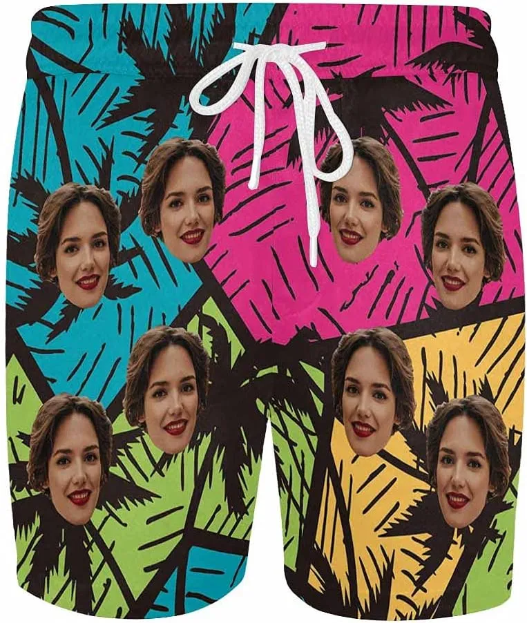 DIYKST Custom Face Men Mid-Length Swim Trunk Quick Dry Board Short with Mesh Lining Inseam Bathing Suit Print Stitching-Palm