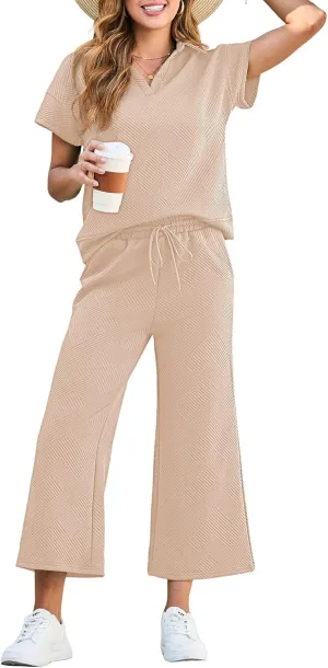 Dokotoo Women's 2 Piece Outfits Sweatsuit Casual Lapel Collar Short Sleeve Tops Drawstring Wide Leg Pant Lounge Sets