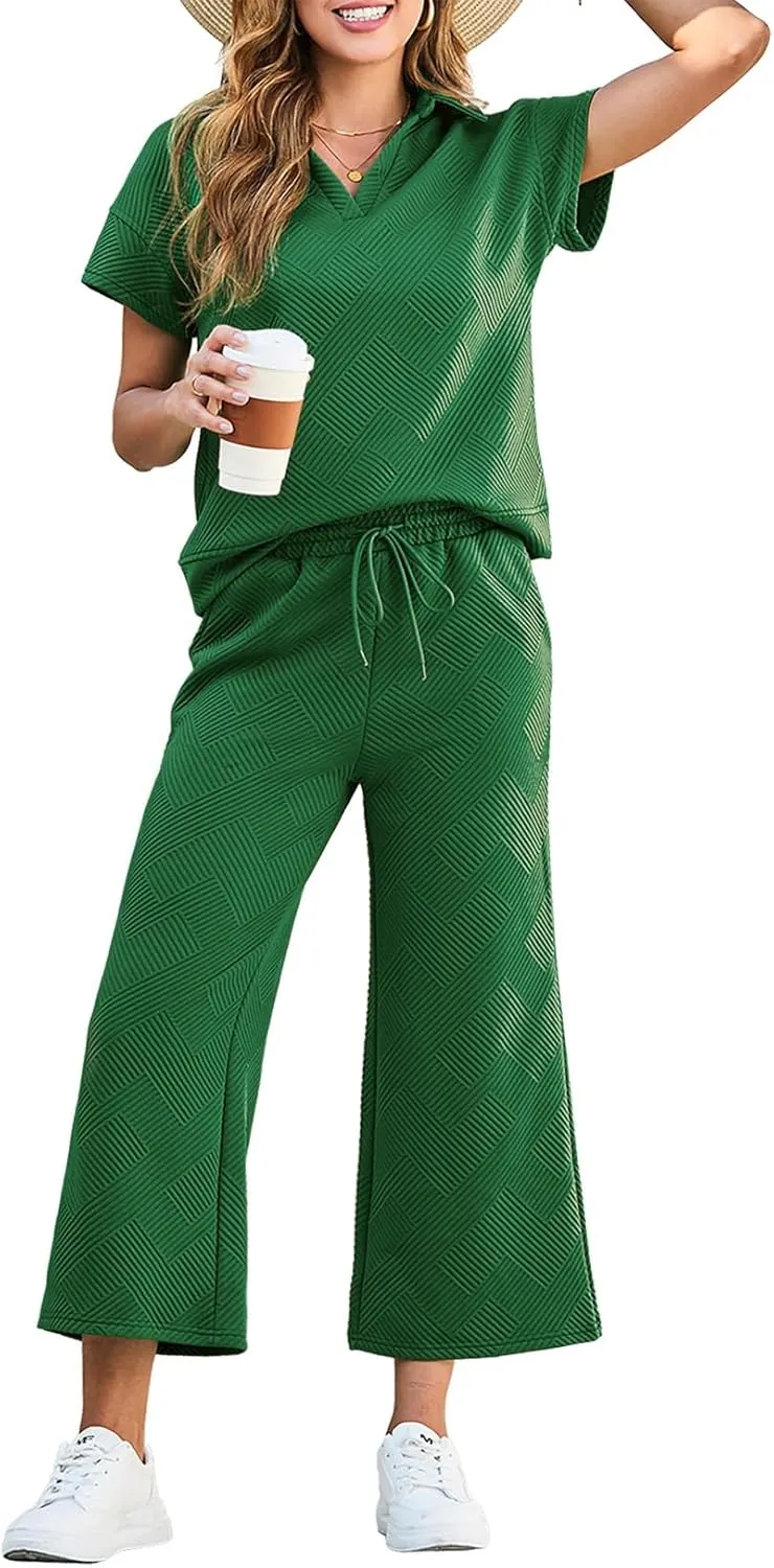 Dokotoo Women's 2 Piece Outfits Sweatsuit Casual Lapel Collar Short Sleeve Tops Drawstring Wide Leg Pant Lounge Sets