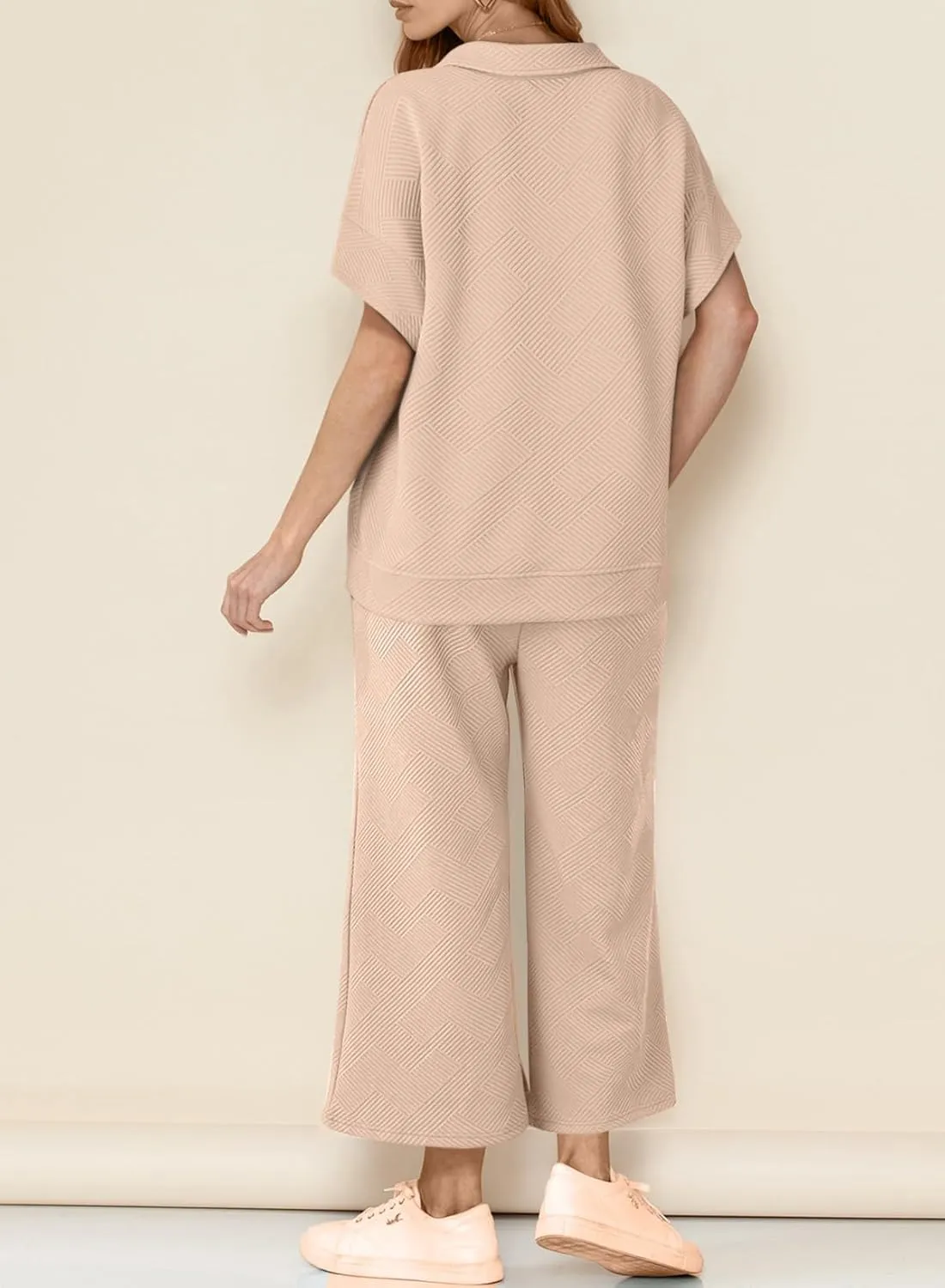Dokotoo Women's 2 Piece Outfits Sweatsuit Casual Lapel Collar Short Sleeve Tops Drawstring Wide Leg Pant Lounge Sets
