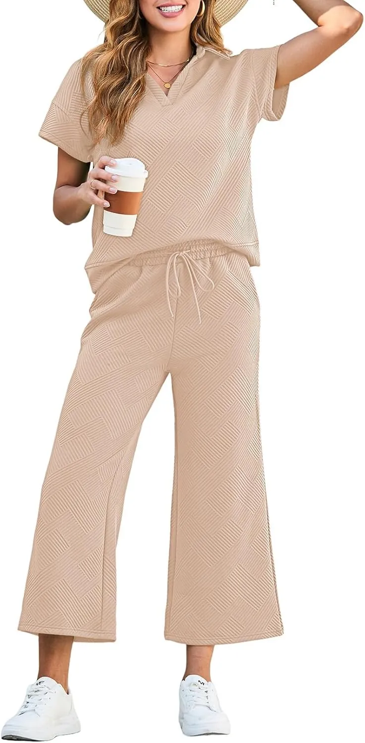 Dokotoo Women's 2 Piece Outfits Sweatsuit Casual Lapel Collar Short Sleeve Tops Drawstring Wide Leg Pant Lounge Sets