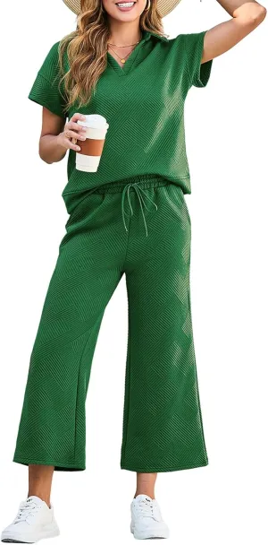 Dokotoo Women's 2 Piece Outfits Sweatsuit Casual Lapel Collar Short Sleeve Tops Drawstring Wide Leg Pant Lounge Sets