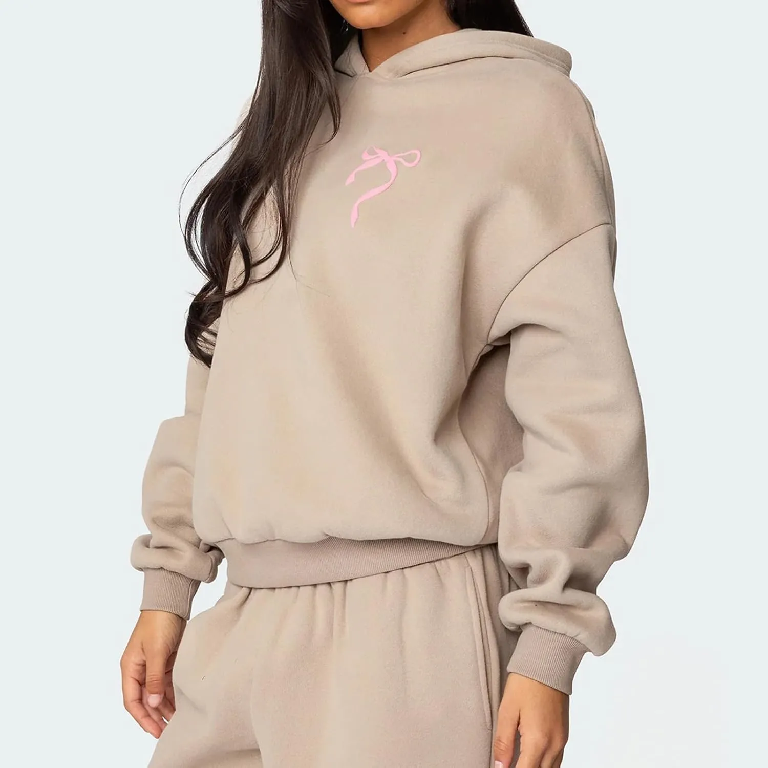 DSORVICD Women 2 Piece Outfits Y2k Bow Embroidery Long Sleeve Oversized Hoodie Baggy Sweatpants Bow Tie Sweatsuit Streetwear