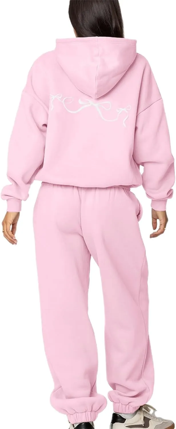 DSORVICD Women 2 Piece Outfits Y2k Bow Embroidery Long Sleeve Oversized Hoodie Baggy Sweatpants Bow Tie Sweatsuit Streetwear