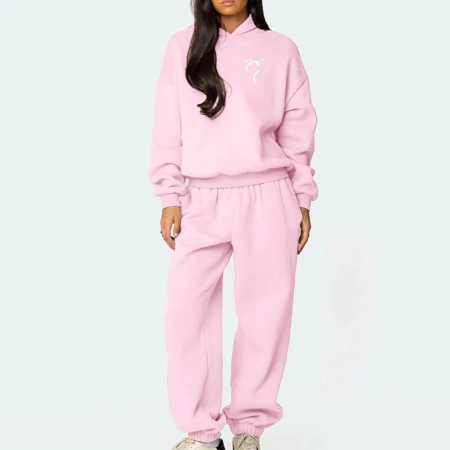 DSORVICD Women 2 Piece Outfits Y2k Bow Embroidery Long Sleeve Oversized Hoodie Baggy Sweatpants Bow Tie Sweatsuit Streetwear