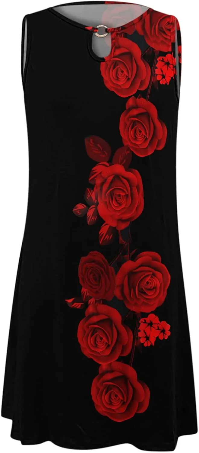 Eduavar Summer Dresses for Women 2024, Boho Dresses for Women 2024 Floral Print Sleeveless Tank Dress Summer Beach Mini Dress