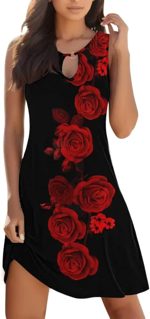 Eduavar Summer Dresses for Women 2024, Boho Dresses for Women 2024 Floral Print Sleeveless Tank Dress Summer Beach Mini Dress