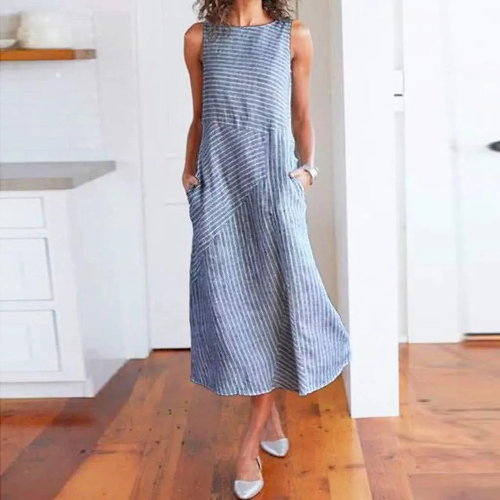 Eduavar Summer Dresses for Women 2024, Linen Dresses for Women 2024Italy Cotton Linen Dress Crewneck Sleeveless Flowy Dress