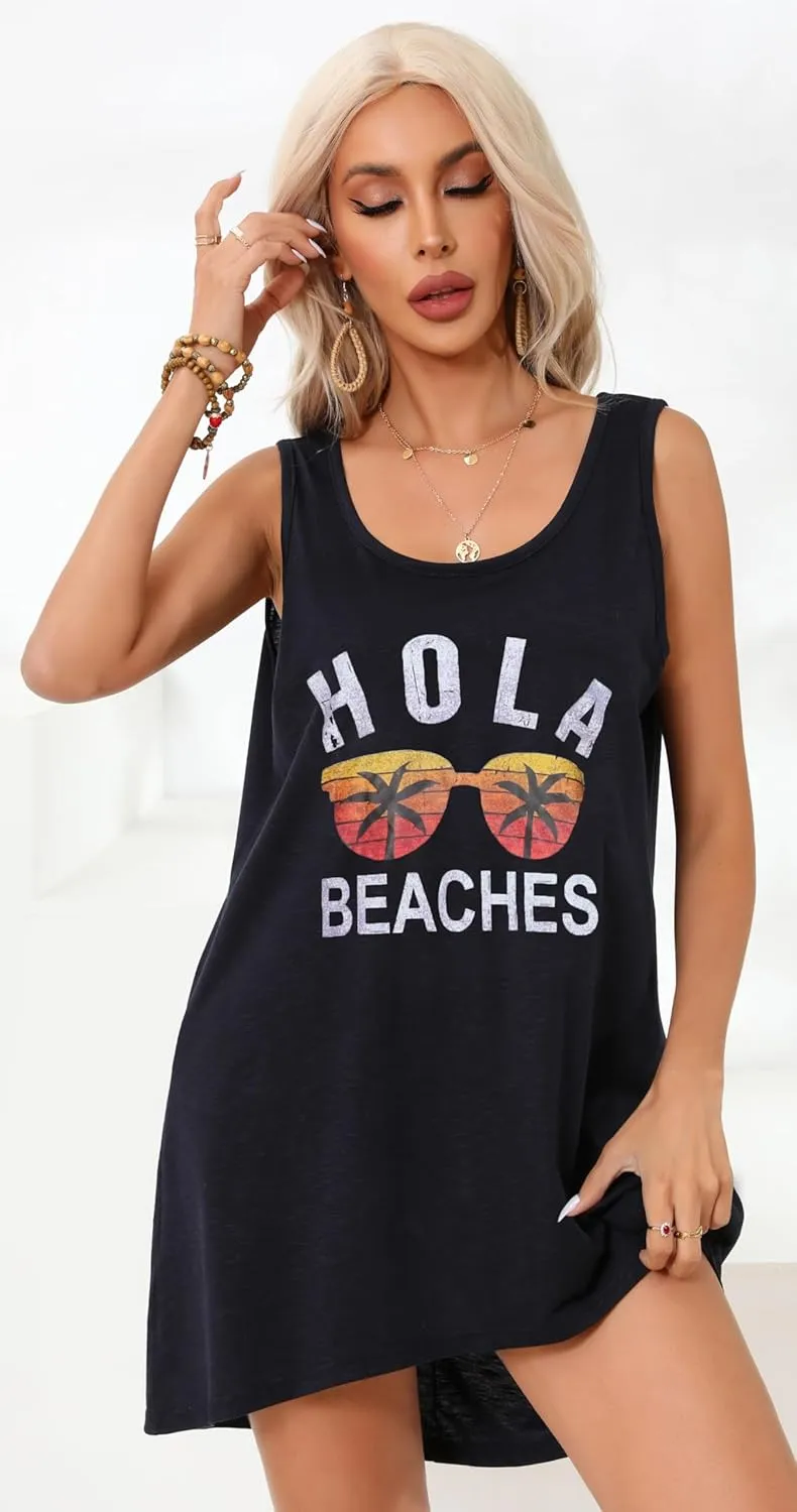 elescat Womens Swimsuit Cover Up Summer Sleeveless T Shirt Beach Dress Tank Bikini Coverups