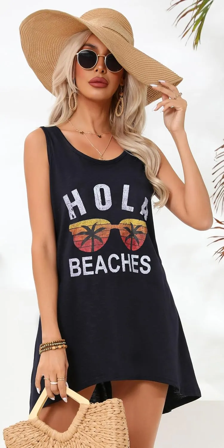 elescat Womens Swimsuit Cover Up Summer Sleeveless T Shirt Beach Dress Tank Bikini Coverups