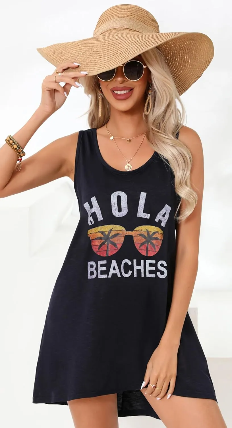 elescat Womens Swimsuit Cover Up Summer Sleeveless T Shirt Beach Dress Tank Bikini Coverups