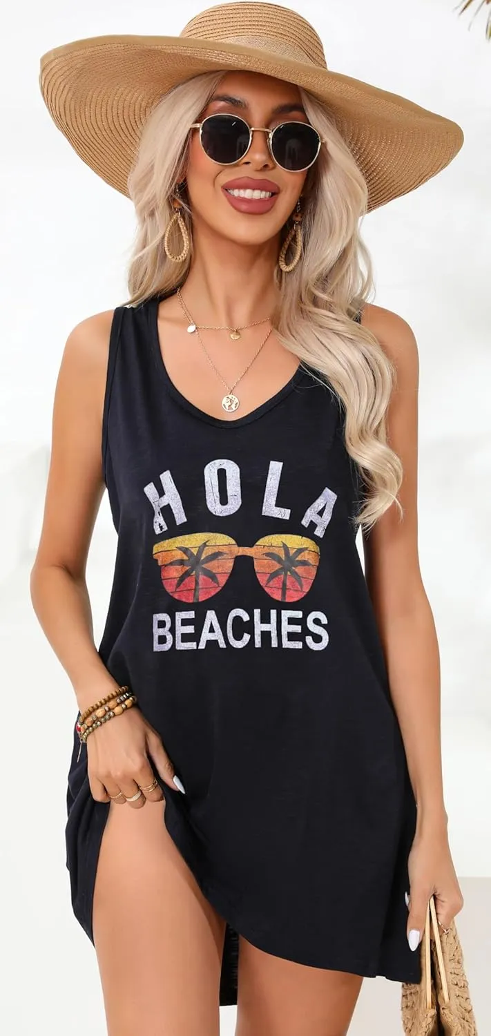elescat Womens Swimsuit Cover Up Summer Sleeveless T Shirt Beach Dress Tank Bikini Coverups