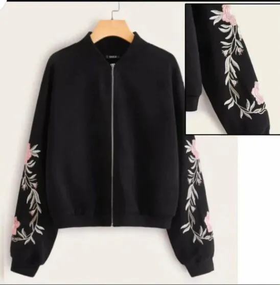 Embroidered Floral Detail Zip Up Bomber Jacket For Women