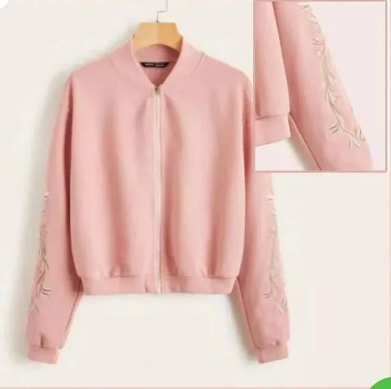 Embroidered Floral Detail Zip Up Bomber Jacket For Women