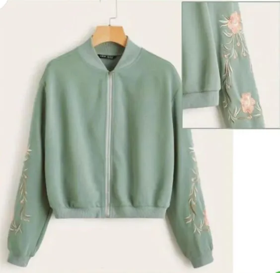 Embroidered Floral Detail Zip Up Bomber Jacket For Women