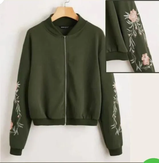 Embroidered Floral Detail Zip Up Bomber Jacket For Women