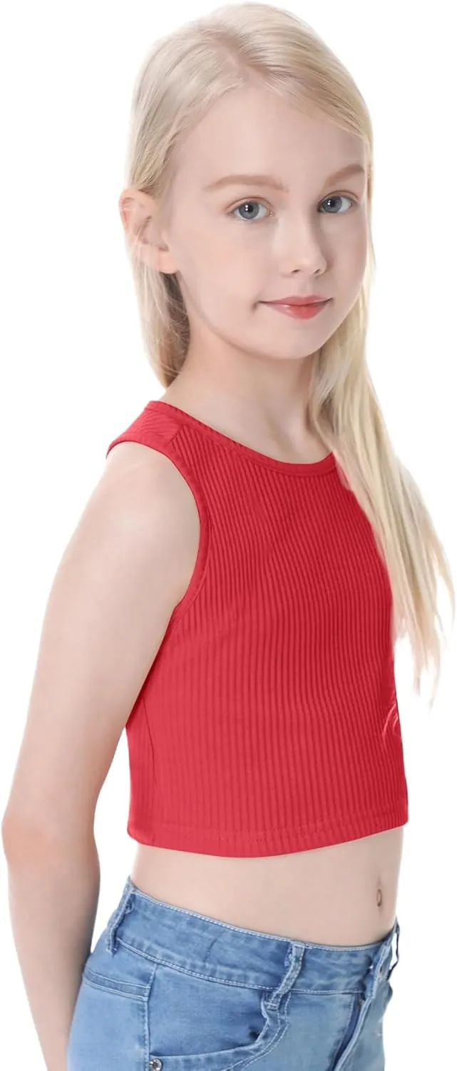 EXARUS Girl's Crop Tank Tops Dance Ribbed Knit Sleeveless Round Neck Racerback Casual Cute Cropped Top 6-12Y