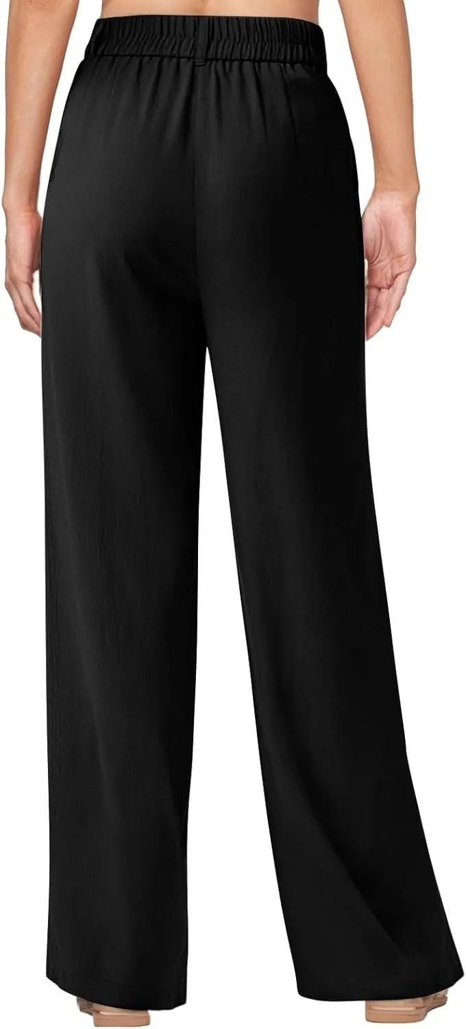 fanmpghleoo Linen Pants Women Summer Elastic High Waisted Wide Leg Dress Pants Business Casual Linen Trousers with Pockets