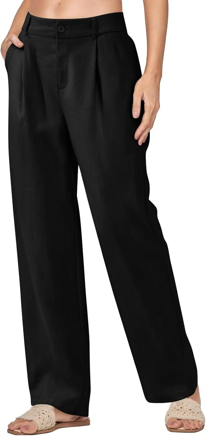 fanmpghleoo Linen Pants Women Summer Elastic High Waisted Wide Leg Dress Pants Business Casual Linen Trousers with Pockets