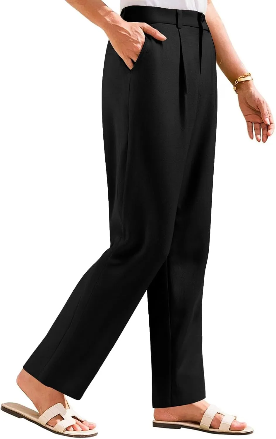fanmpghleoo Linen Pants Women Summer Elastic High Waisted Wide Leg Dress Pants Business Casual Linen Trousers with Pockets