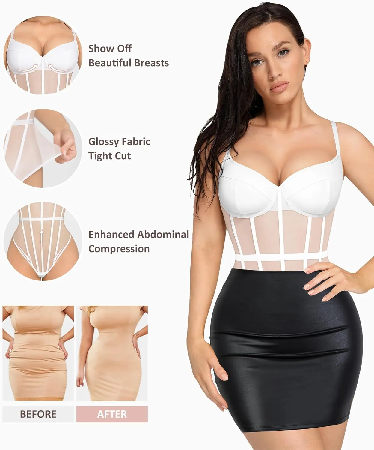 FeelinGirl Women's Corset Bodysuit with Built in Bra Spaghetti Strap Going Out Slimming Bustier Mesh Shapewear Tops