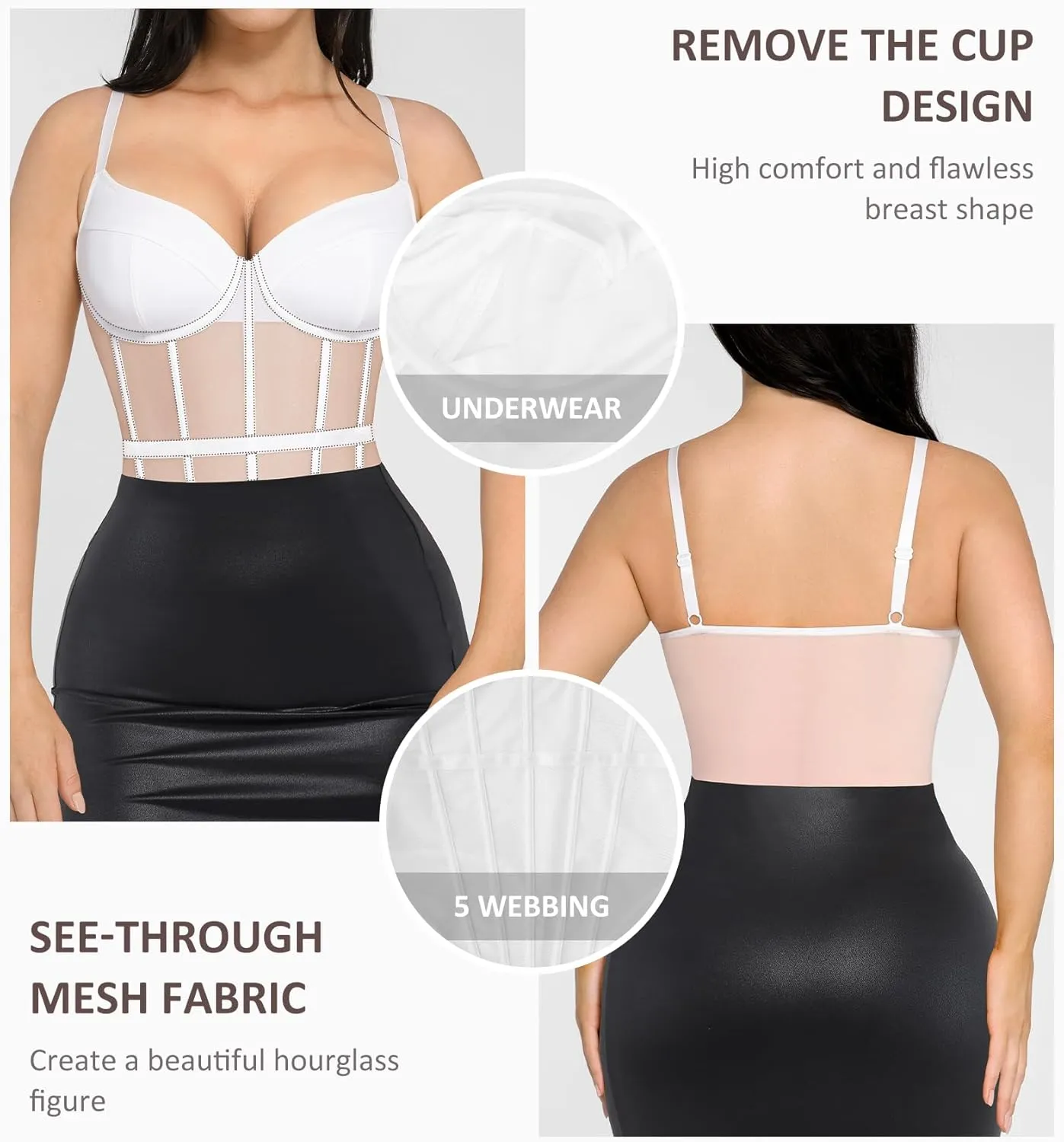 FeelinGirl Women's Corset Bodysuit with Built in Bra Spaghetti Strap Going Out Slimming Bustier Mesh Shapewear Tops