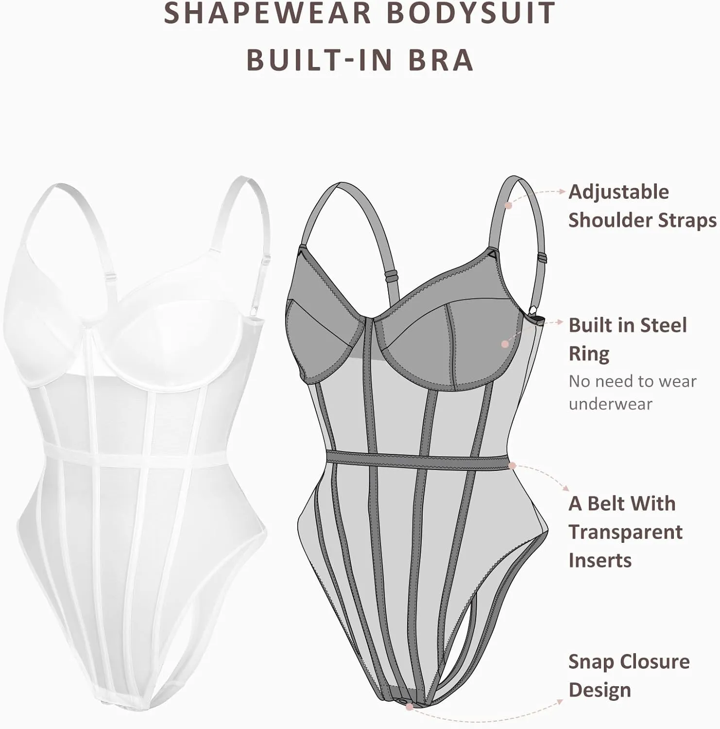 FeelinGirl Women's Corset Bodysuit with Built in Bra Spaghetti Strap Going Out Slimming Bustier Mesh Shapewear Tops