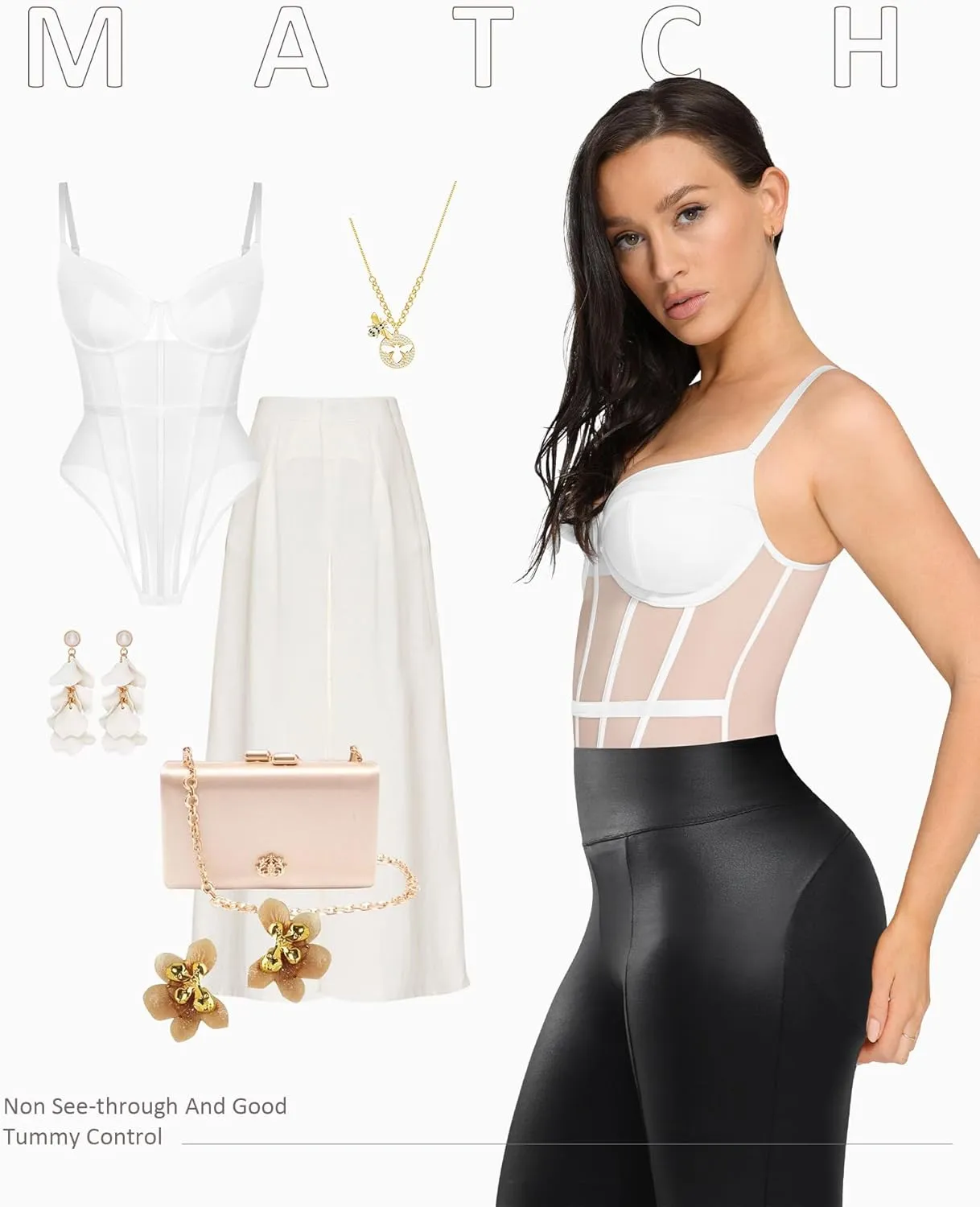 FeelinGirl Women's Corset Bodysuit with Built in Bra Spaghetti Strap Going Out Slimming Bustier Mesh Shapewear Tops