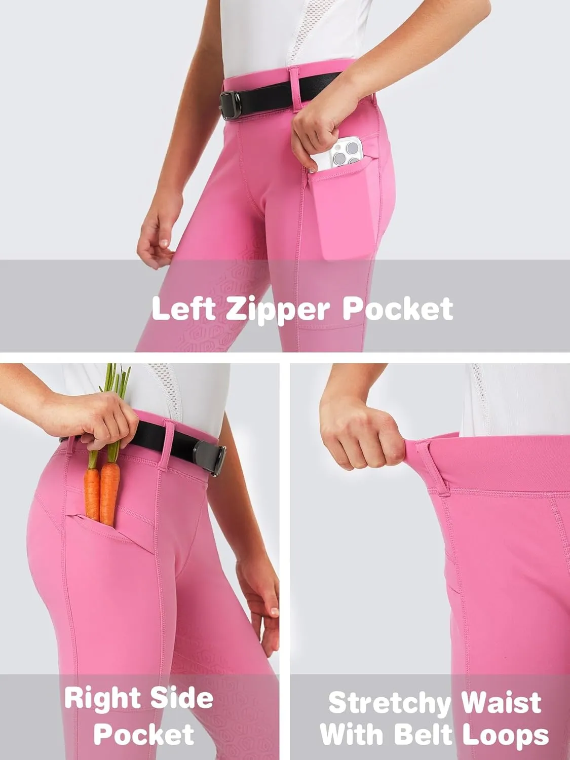 FitsT4 Sports Girls Riding Pants Full Seat Kids Equestrian Breeches Stretchy Youth Horse Schooling Tights Zipper Pockets