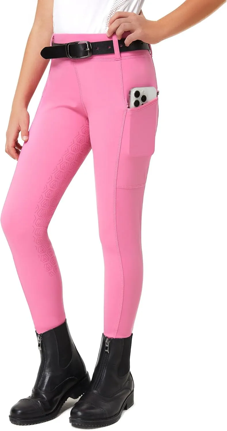 FitsT4 Sports Girls Riding Pants Full Seat Kids Equestrian Breeches Stretchy Youth Horse Schooling Tights Zipper Pockets