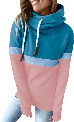FLITAY Womens Long Sleeve Casual Drawstring Hoodie Color Block Cowl Neck Pullover Graphic Printed Sweatshirt