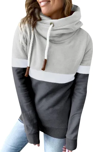 FLITAY Womens Long Sleeve Casual Drawstring Hoodie Color Block Cowl Neck Pullover Graphic Printed Sweatshirt