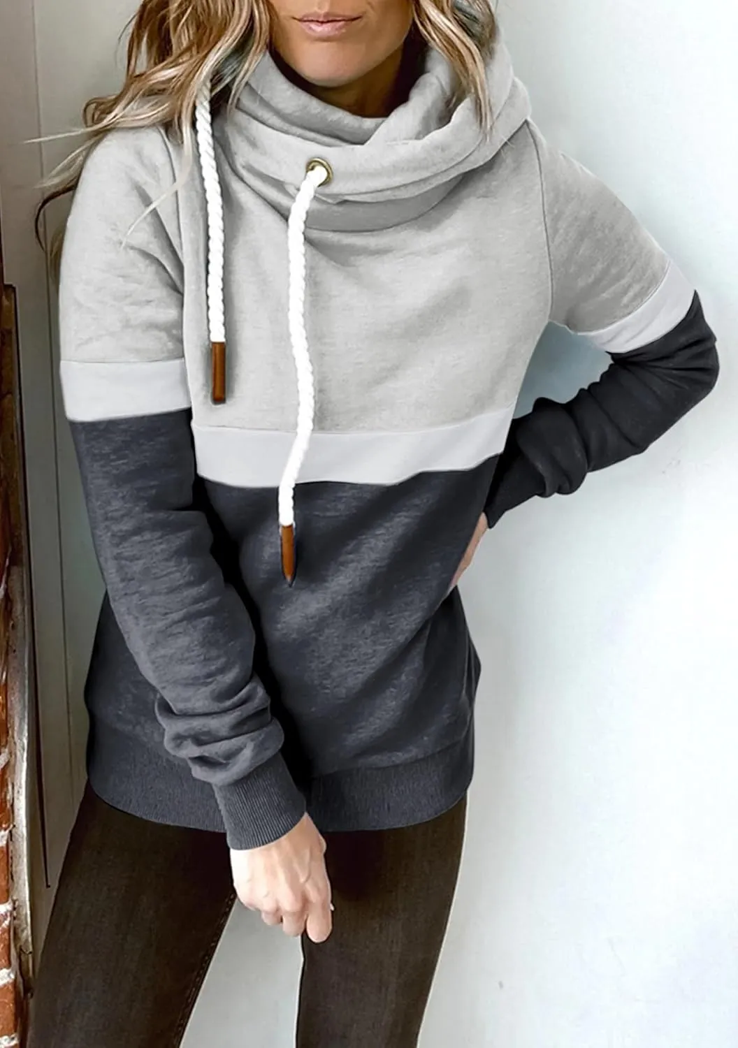 FLITAY Womens Long Sleeve Casual Drawstring Hoodie Color Block Cowl Neck Pullover Graphic Printed Sweatshirt