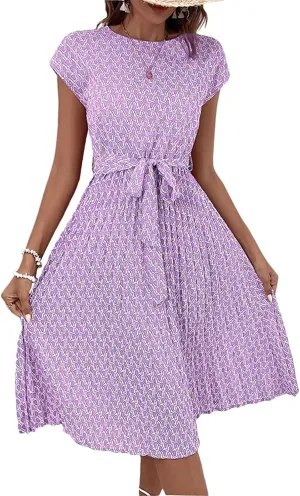 Floral Dress for Women Crewneck Short Sleeve A Line Casual Summer Dresses Chiffon Tie Waist Pleated Midi Boho Dress