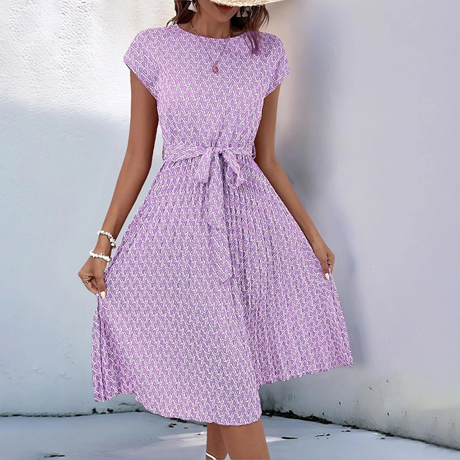 Floral Dress for Women Crewneck Short Sleeve A Line Casual Summer Dresses Chiffon Tie Waist Pleated Midi Boho Dress