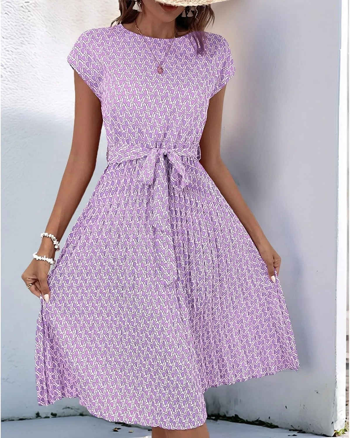 Floral Dress for Women Crewneck Short Sleeve A Line Casual Summer Dresses Chiffon Tie Waist Pleated Midi Boho Dress