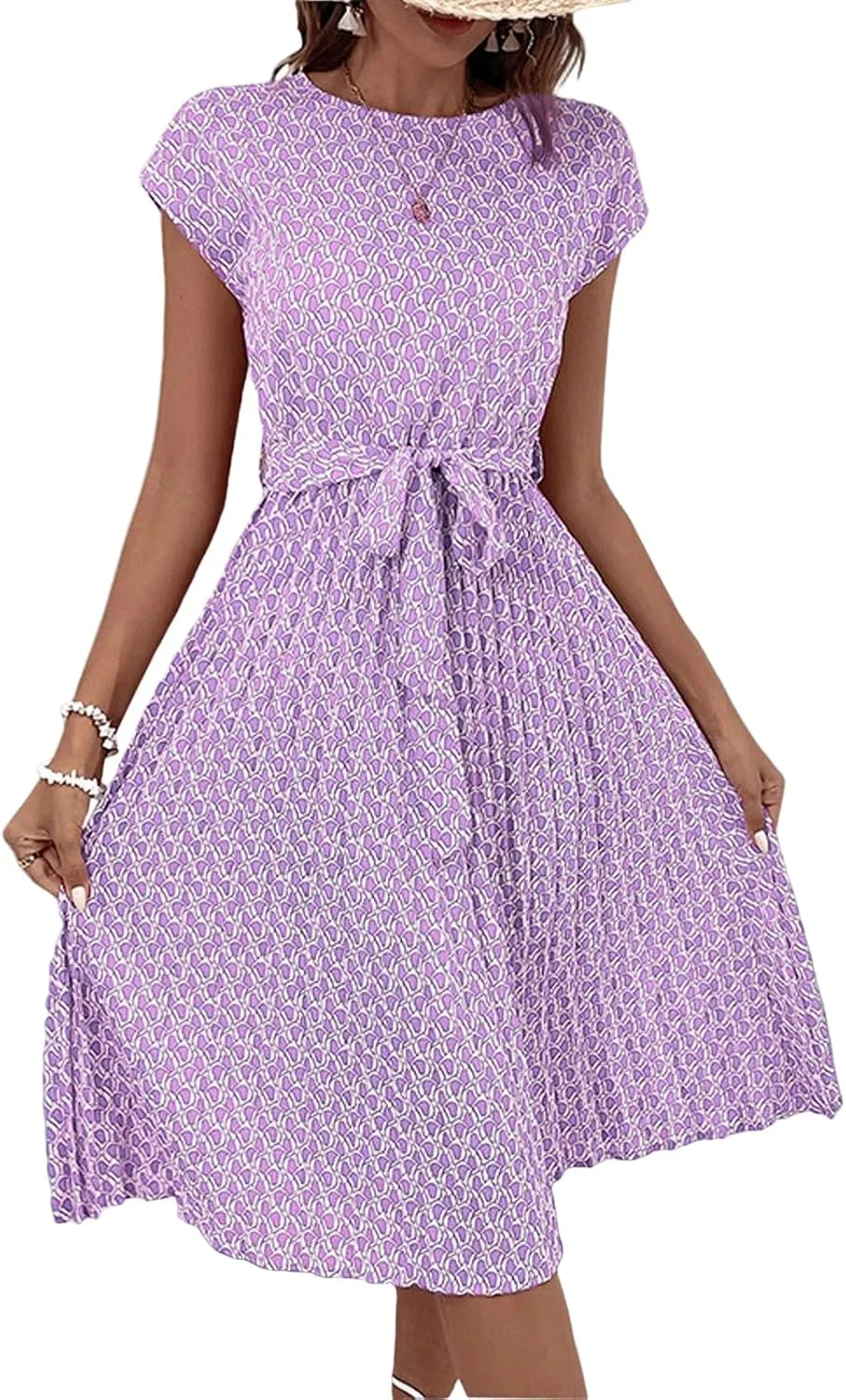Floral Dress for Women Crewneck Short Sleeve A Line Casual Summer Dresses Chiffon Tie Waist Pleated Midi Boho Dress