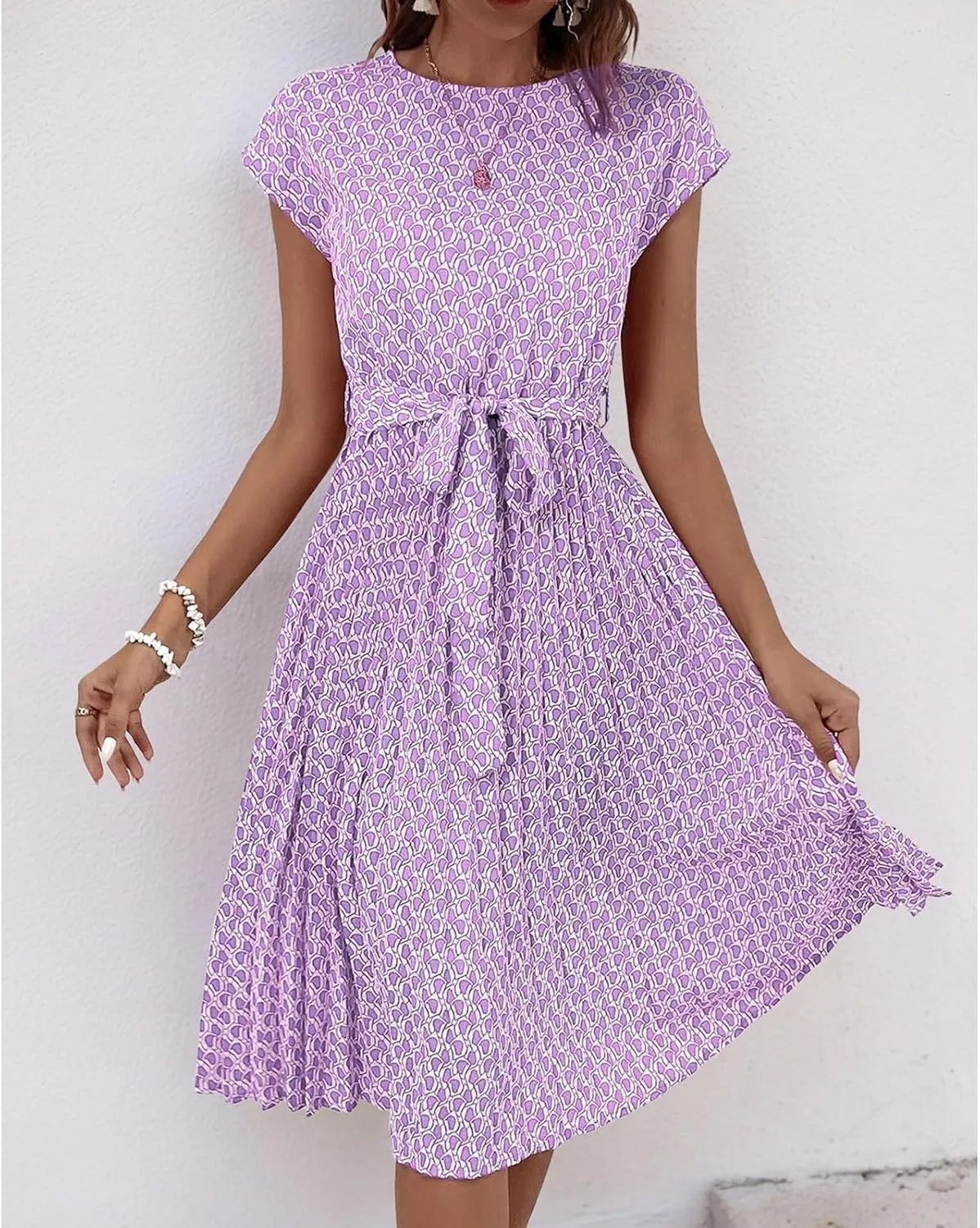 Floral Dress for Women Crewneck Short Sleeve A Line Casual Summer Dresses Chiffon Tie Waist Pleated Midi Boho Dress